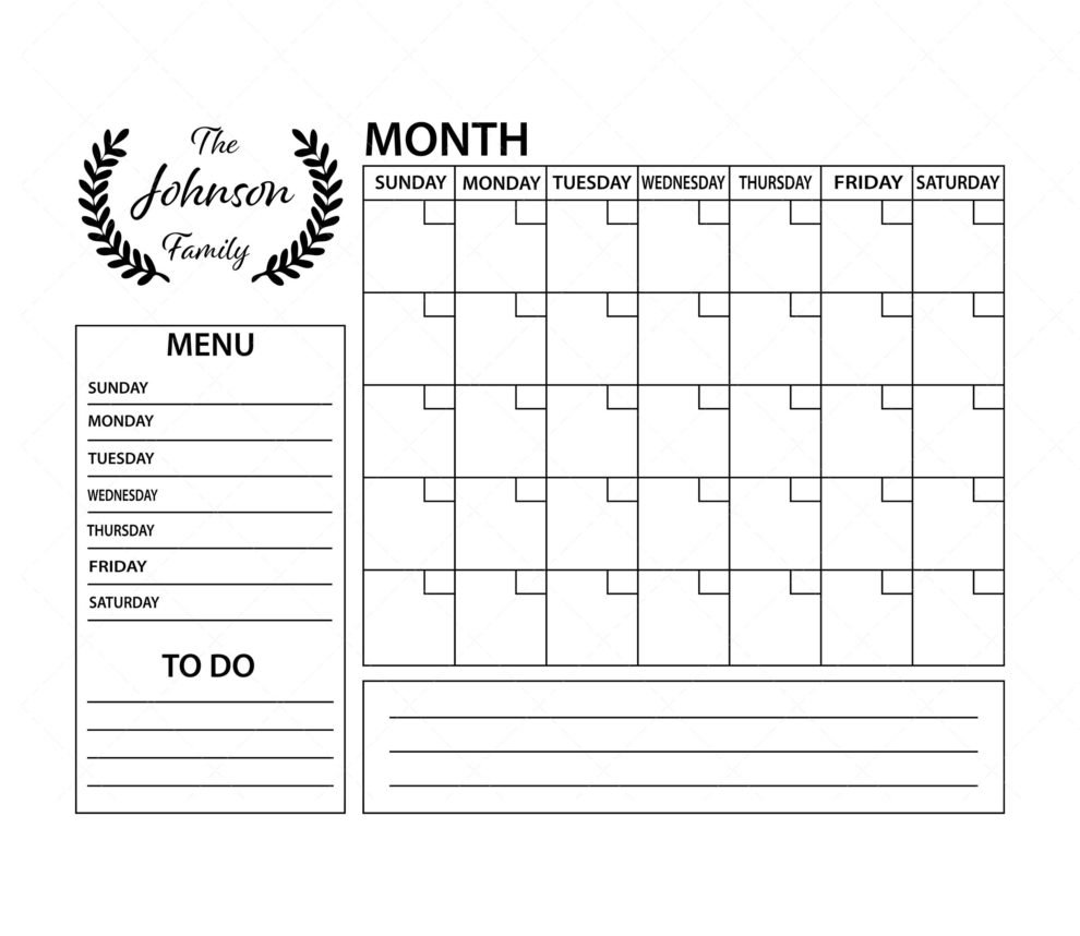Customizable Family Calendar SVG, PNG, PDF, Monthly Calendar SVG